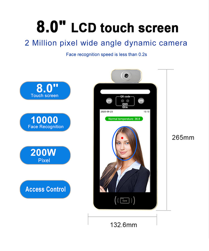 8inch LCD Gezicht die Biometrische Machinetemperatuur 512M DDR3 DC12V 2A lezen